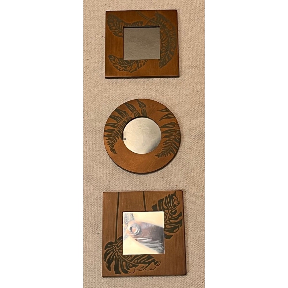 Set of 3 Tropical Wood Tone Wall Mirrors Etched Leaf Monstera Fern Decor